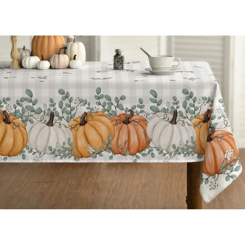 Harvest Orange White Pumpkins Fabric Tablecloth 60" x 84" Fall Thanksgiving Gift
